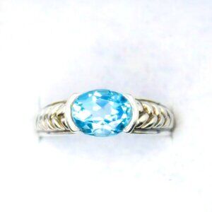925 Sterling Silver SWISS Sky BLUE TOPAZ Vintage Oval Solitaire Ring Signed